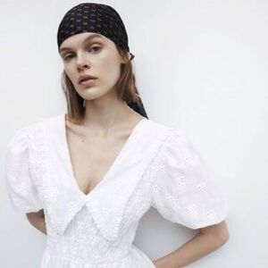 Zara White Embroidered Eyelet Lace Midi Dress in Oyster White Size Small